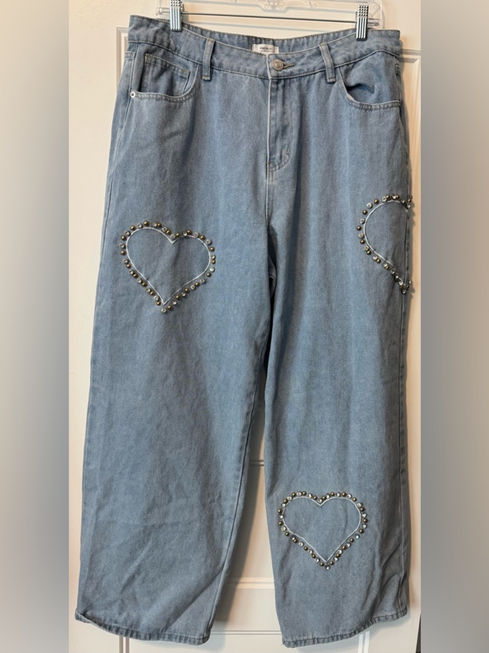Forever 21 Premium Heart Studded Jeans Womens 14 Wide Leg Denim Y2K Coquette